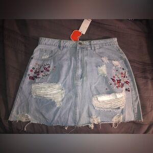 Jean Denim mini Skirt Women’s Sz XL Blue Stonewashed embroid retro by CIDER NEW